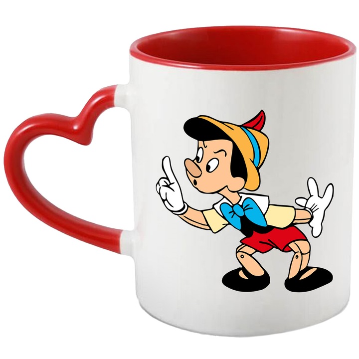 Cana Cu Pinocchio – Inima Aventurii Magice – Aventura, Copii si Zambete, Ceramica, 330ML, Cu Maner Inima Rosie si Interior Rosu