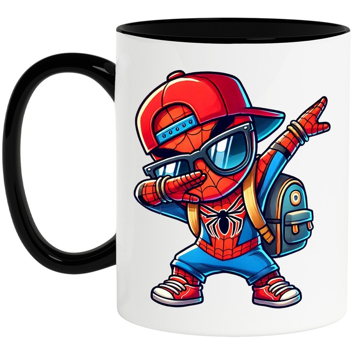 Cana Cu Spiderman Putere si Prietenie, Aventuri Curajoase si Joaca Luminoasa, Ceramica, 330ML, Cu Maner si Interior Negru