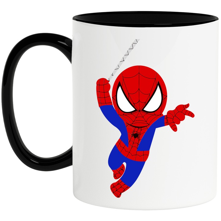 Cana Cu Spiderman Aventuri si Joaca, Prietenie si Curaj Plina de Speranta, Magie si Distractie, Ceramica, 330ML, Cu Maner si Interior Negru