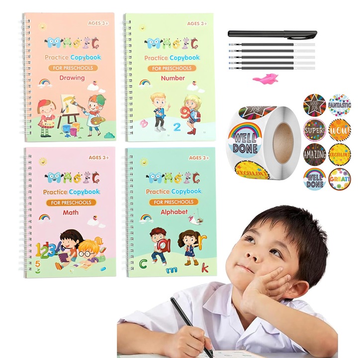 Set 4 Carti de lucru reutilizabile pentru scris de mana cu caneluri, cu autocolante recompensa, Magic Practice Copybook, Practica de scris de mana pentru copii, caligrafie prescolara, 19x13 cm
