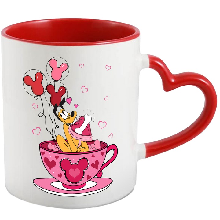 Cana Cu Pluto – Inima Aventurii Vesela Pixelata – Aventura, Copii si Magie, Ceramica, 330ML, Cu Maner Inima Rosie si Interior Rosu
