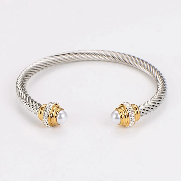 Bratara argintie, din otel inoxidabil, suflata cu aur 18k, tip bangle, cu pietre si perle, Petsy C4