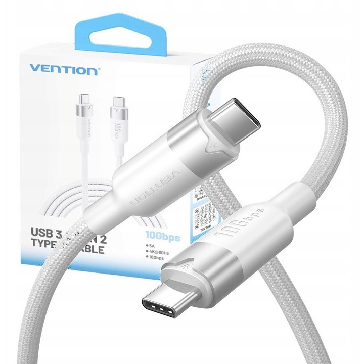 Cablu de date USB-C Vention 1m, 10Gbps, 5A, alb