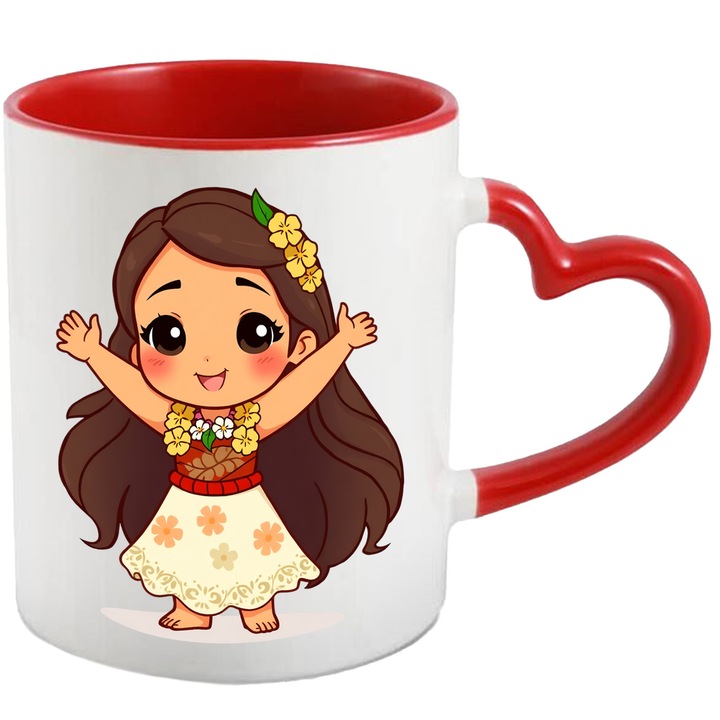 Cana Cu Moana – Inima Aventurii Vesela – Prietenie, Emotie si Magie, Ceramica, 330ML, Cu Maner Inima Rosie si Interior Rosu