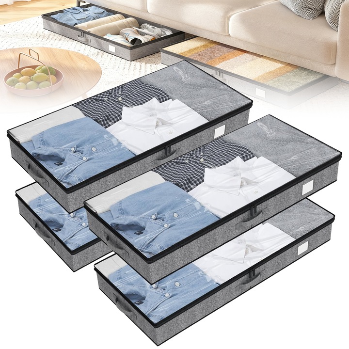 Set 4 huse depozitare cu fermoar, Wacorresi, Pliabile, genti de depozitare pentru haine, maner ranforsat si fereastra transparenta, Fermoar Rezistent, pentru haine/paturi/ plapumi/ perne/ lenjerii de pat/jucarii, 85x43x11 CM, Gri