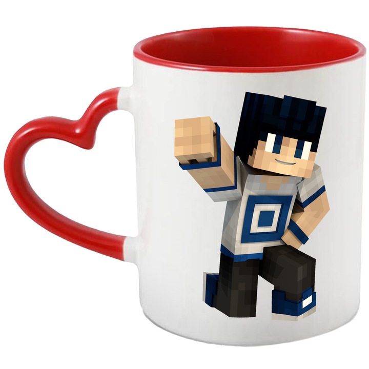 Cana Cu Minecraft – Inima Aventurii Pixelate – Emotie, Distractie si Prietenie, Ceramica, 330ML, Cu Maner Inima Rosie si Interior Rosu