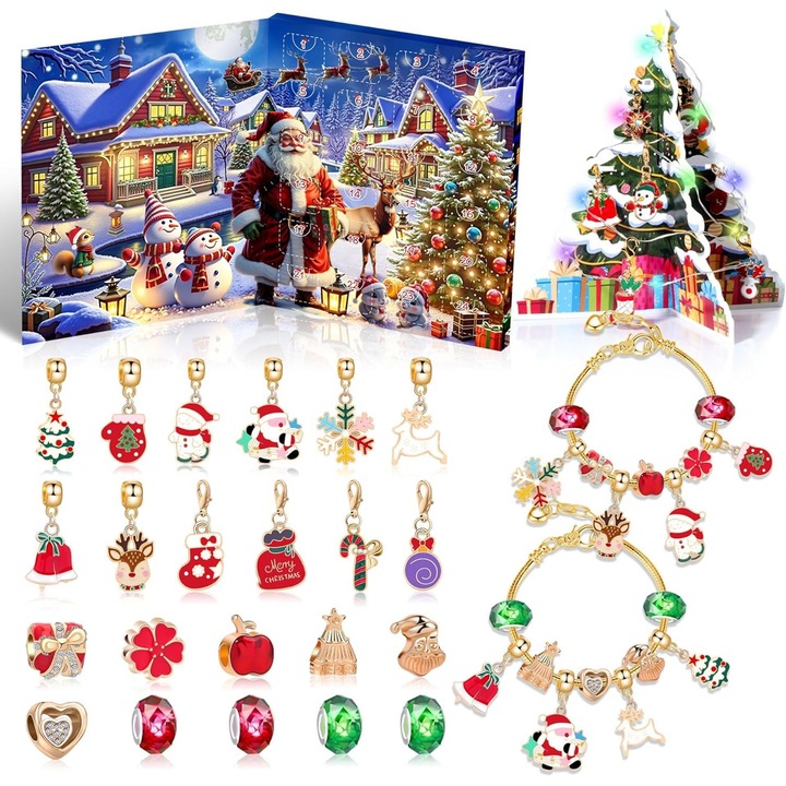 Calendar Advent 2025 pentru fete – Set bijuterii de craciun cu 24 de bratari si talismane, cadou pentru copii si adolescente 5-14 Ani, ideal pentru sarbatori