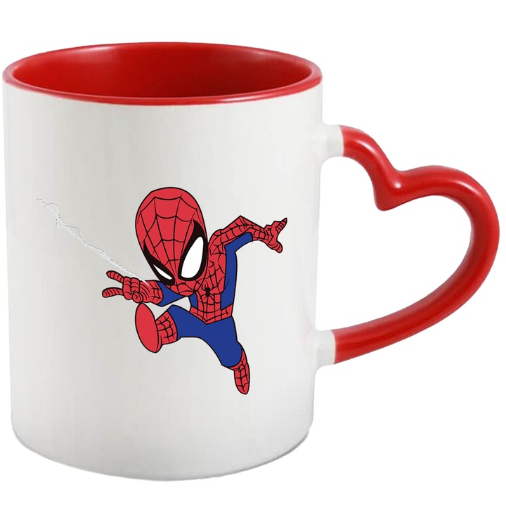 Cana Cu Spiderman Putere si Prietenie Aventuri Curajoase Joaca si Magie, Ceramica, 330ML, Cu Maner Inima Rosie si Interior Rosu