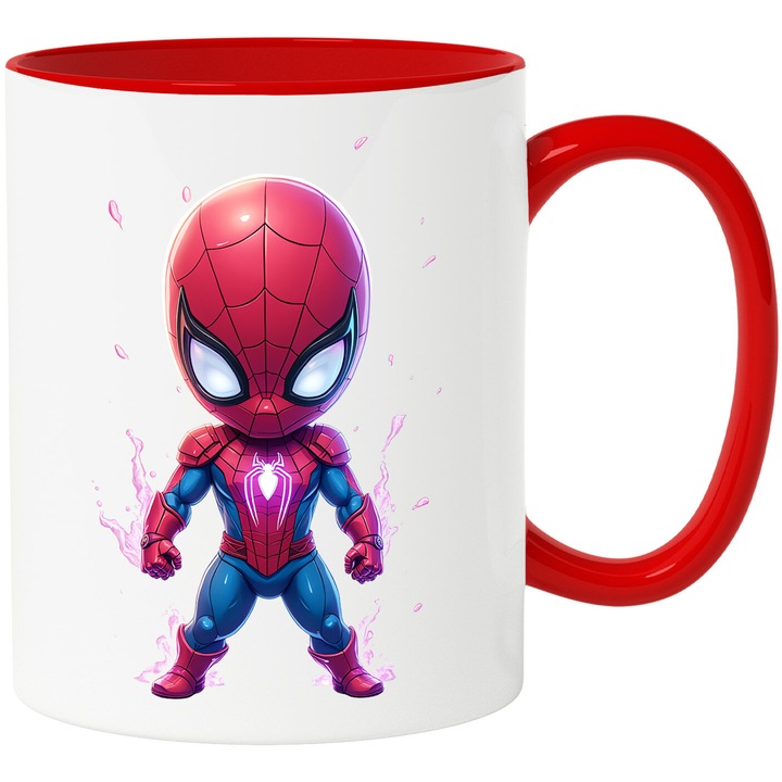 Cana Cu Spiderman Calatorii si Aventuri, Prietenie si Joaca Plina de Curaj, Magie si Distractie, Ceramica, 330ML, Cu Maner si Interior Rosu
