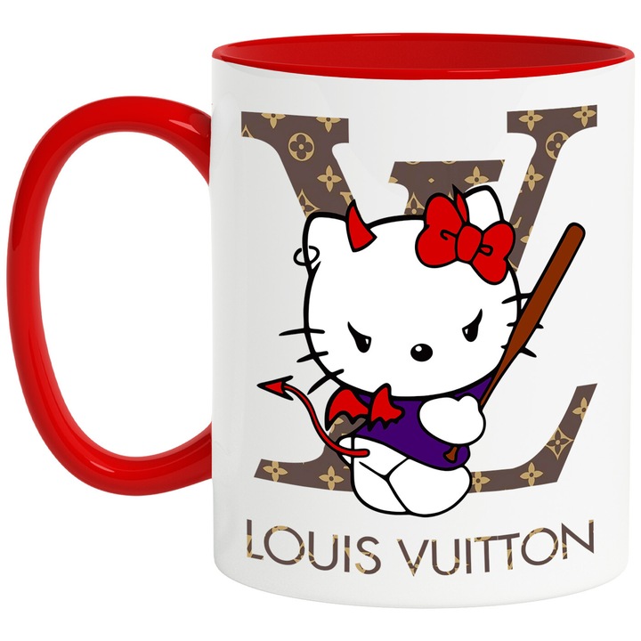 Cana Cu Hello Kitty, Cu Textul "Louis Vuitton" - Design 6, Ceramica, 330ML, Cu Maner si Interior Rosu