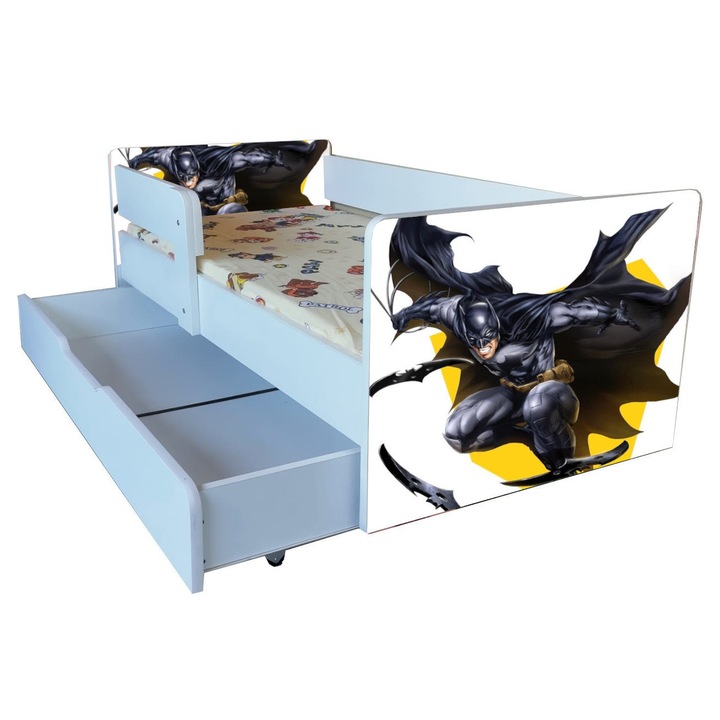 Pat copii Batman cu sertar, 144x76 cm, cu saltea inclusa
