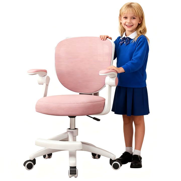 Gyermek forgószék, Wacorresi, Ergonomikus irodai szék, lábtartóval, habszivacs ülés, 360°-ban forgatható, zárható kerekek, felhajtható kartámaszok, állítható magasságú, rózsaszín