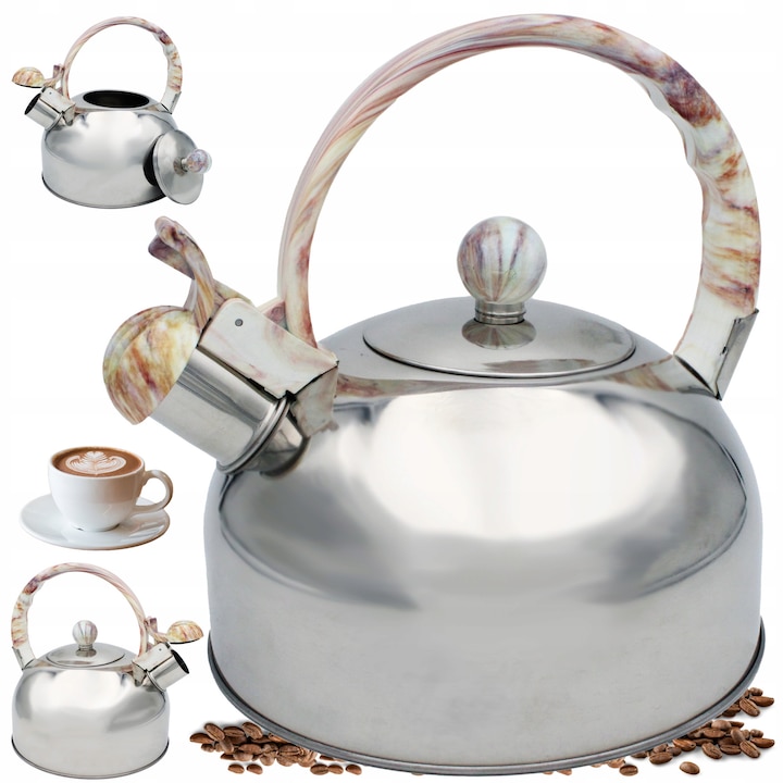 Ceainic traditional Brunbeste 2.5L, inox, gri marmorat, cu fluier