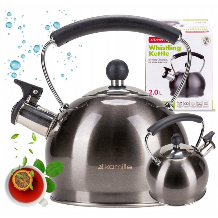 Ceainic Kamille grafit din otel inoxidabil, capacitate 2L, maner ergonomic, compatibil inductie