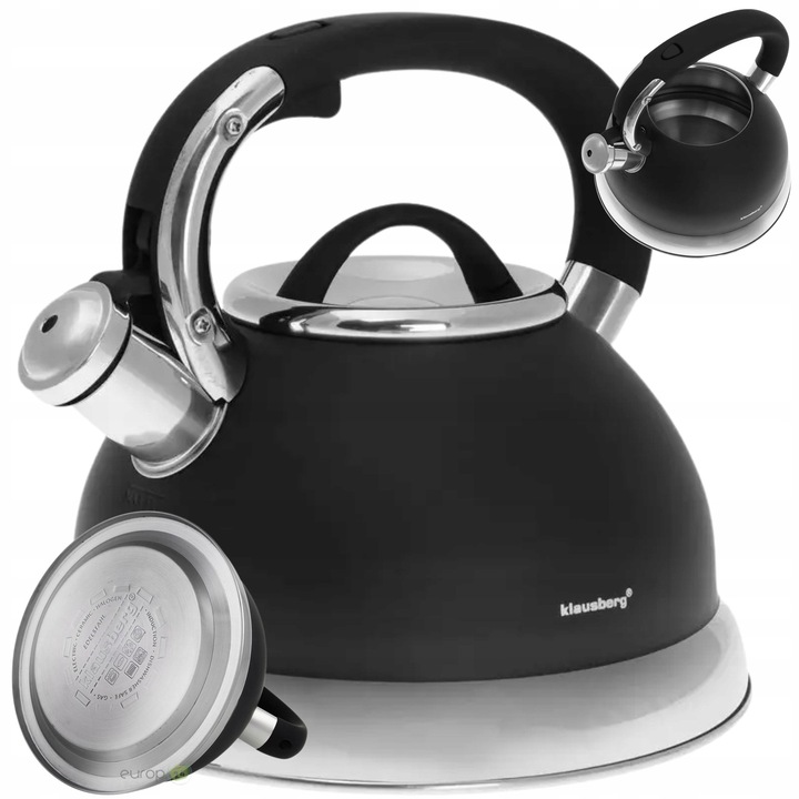 Ceainic clasic negru, 2.7L, inox, cu fluier, pentru inductie si gaz