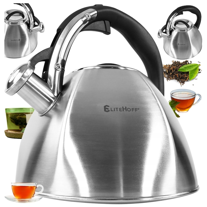 Ceainic traditional din inox, Elitehoff, 3L, gri, maner ergonomic, fluier integrat