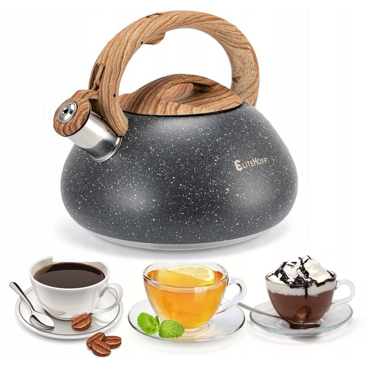 Ceainic din otel inoxidabil Elitehoff, 3L, argintiu, cu fluier