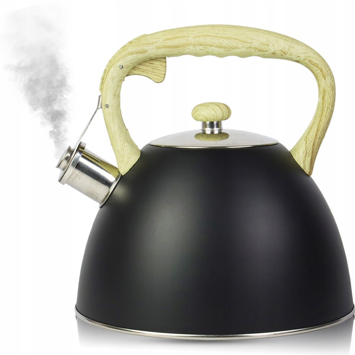 Ceainic clasic negru, 2.7L, inox, cu fluier, pentru inductie si gaz