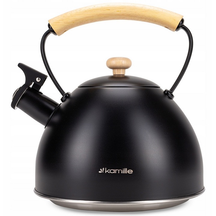 Ceainic Kamille 2.5L, negru mat, maner bambus, 20x22cm