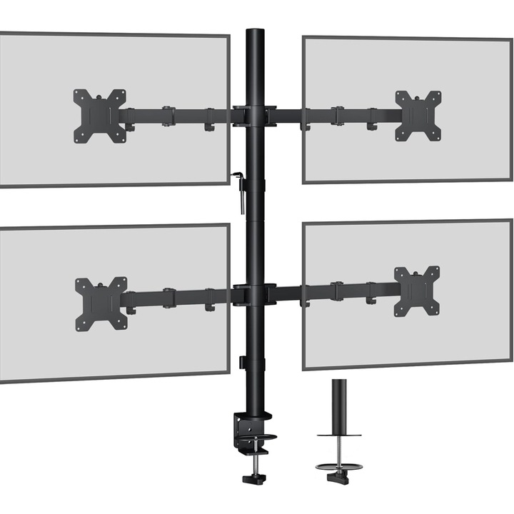 Стойка за бюро за монитор BONTEC 13-27" - за 4 LED/LCD монитора, наклон 180°, ротация 360°, регулируема височина, товароносимост 10 кг на монитор