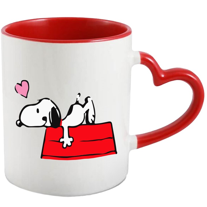 Cana Cu Snoopy – Salturi Curajoase Printre Nori – Aventura, Copii si Magie, Ceramica, 330ML, Cu Maner Inima Rosie si Interior Rosu