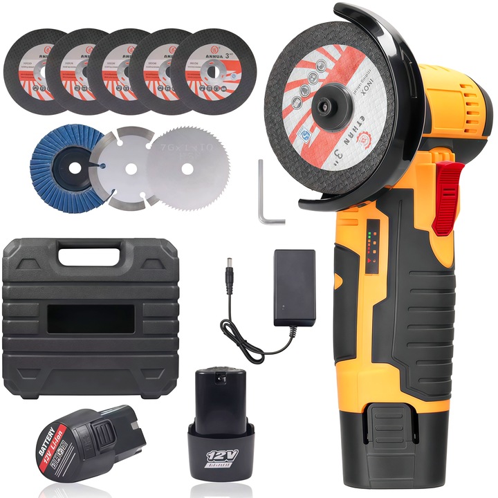 Mini Polizor Flex Unghiular Portabil, Wacorresi®, Mini Polizor Flex Unghiular cu 2 acumulatori 12V, 6 Discuri Incluse, Cutie de Transport, 1500 mAh, 19500 rpm, Autonomie Mare, 27x14x9cm, Galben/Negru