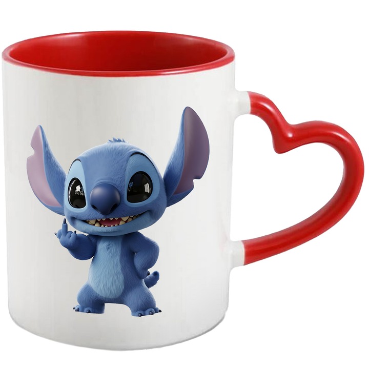 Cana Cu Stitch – Zambetul Aventurii Curajoase Pixel Vesel – Aventura, Copii si Distractie, Ceramica, 330ML, Cu Maner Inima Rosie si Interior Rosu