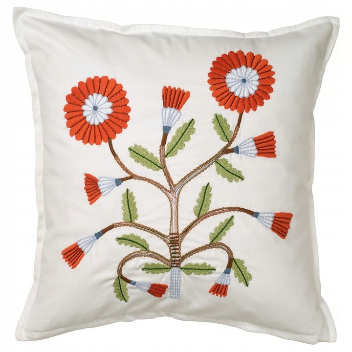 Fată de pernă decorativă IKEA FACELIOR, broderie florală, alb cu portocaliu închis, 50x50 cm
