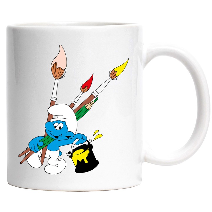 Cana Cu Strumf Joaca si Distractie Cu Spiridusi si Creaturi Magice, Ceramica, 330ML, Cu Maner si Interior Alb