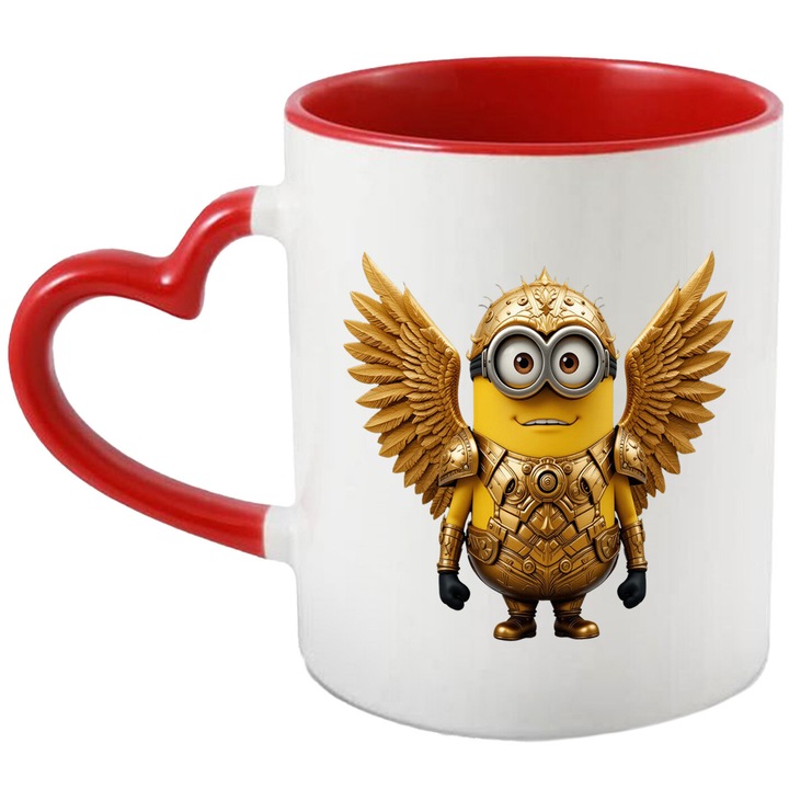 Cana Cu Minion Rasete Galbene si Aventuri Nebune, Joaca si Prietenie, Ceramica, 330ML, Cu Maner Inima Rosie si Interior Rosu