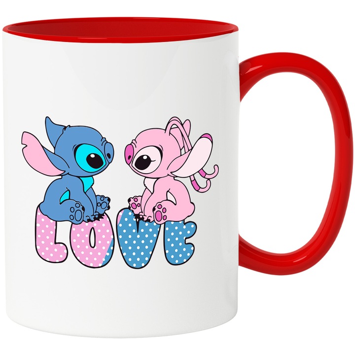 Cana Cu Stitch – Salturi Vesel Printre Nori Pixel – Prietenie, Emotie si Aventura, Ceramica, 330ML, Cu Maner si Interior Rosu
