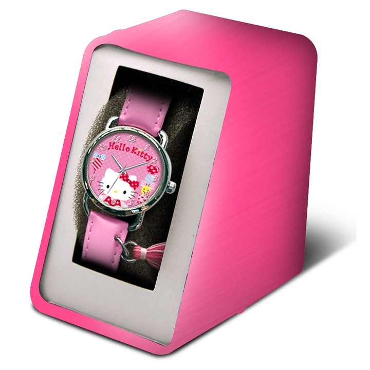 Ceas copii, Hello Kitty, roz, cu detalii colorate