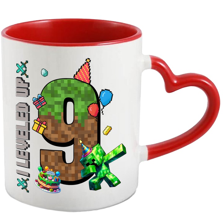 Cana Cu Minecraft – Stelele Minerilor – Aventura, Pixel si Distractie, Ceramica, 330ML, Cu Maner Inima Rosie si Interior Rosu