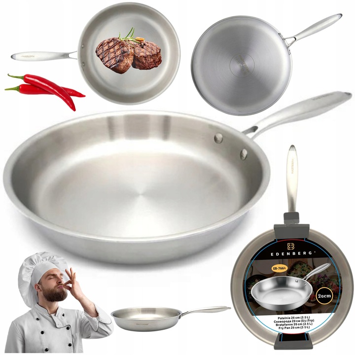 Edenberg professzionális serpenyő, rozsdamentes acél, 30cm, 3.5L, indukciós, gáz