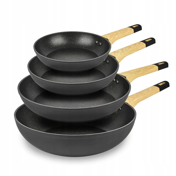 Комплект от 4 мраморни тави Konighoffer Horta, 20x20cm, 24x24cm, 28x28cm, Уок 30cm, Незалепващо покритие, Индукция