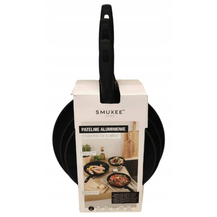 Set 3 Tăvițe Aluminiu Negru 20/24/28cm, Manere Ergonomice