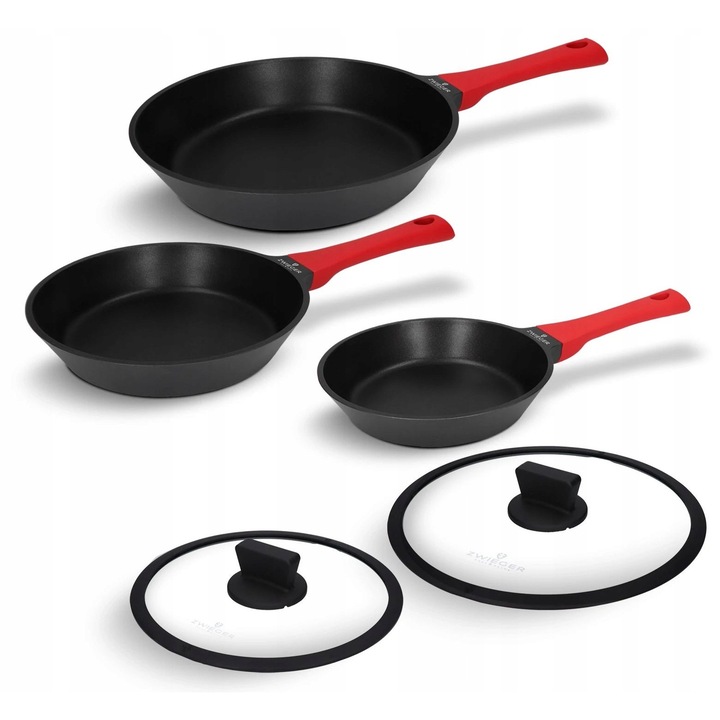 Комплект от 5 части тигани Zwieger Obsidian, 3 тигана (20x24x28см), 2 капака (24x28см), алуминий, незалепващо покритие, съвместими с индукция