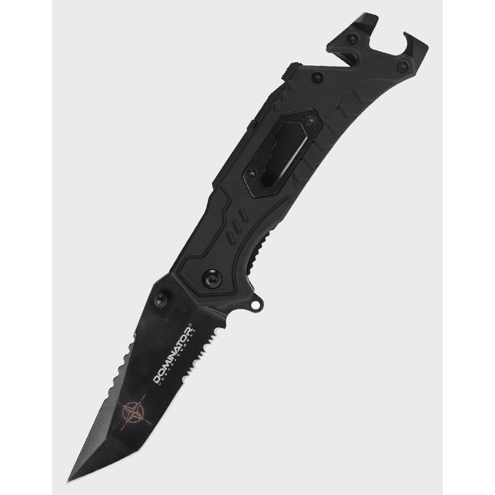 Cutit Pliabil Cu Scanteie, Dominator Urban Combat, Gr2-28-Edcnato, Lama Tip Combo - Partial Zimtata, Blocare Liner Lock, Maner Placi Din Aluminiu, Spargator De Geam Si Deschizator De Sticle, Negru