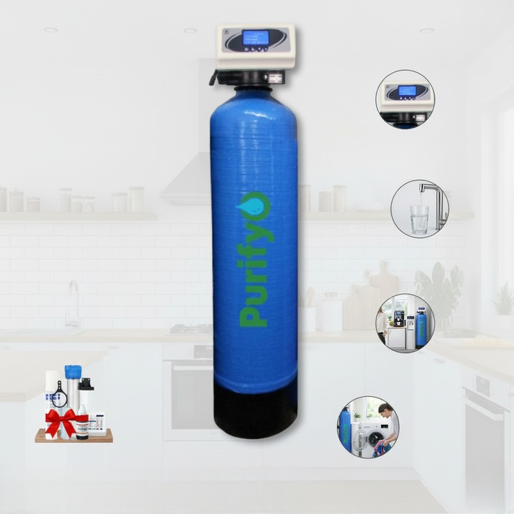 Filtru de Apa Automat cu Autocuratare Purifyo® 20, Filtrare 5 Microni, Schimbare mediu filtrant 6-8 ani, Debit 1.7 m3/h, Eliminare Clor, Gust si Miros, Sistem Centralizat cu Carbune Activ si Zeolit Turbidex, Autocuratare Programabila, 77x25 cm