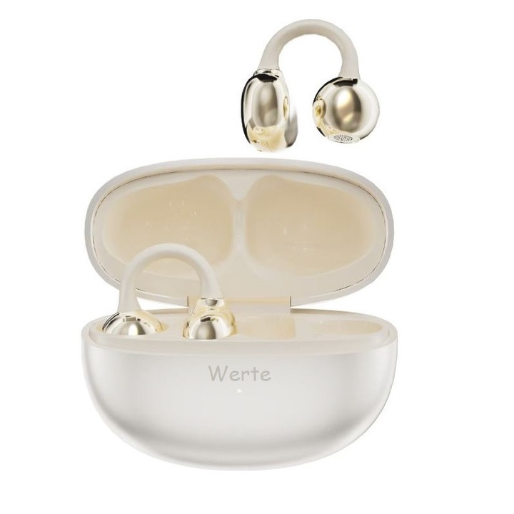Casti wireless OWS Clip-Ear WERTE, Bluetooth BT 5.4, Microfon Audio HD, Control touch, Latenta Wireless < 30 ms, IPX4, Sport, Universale, Compatibile Android si iPhone - iOS, Bej gold