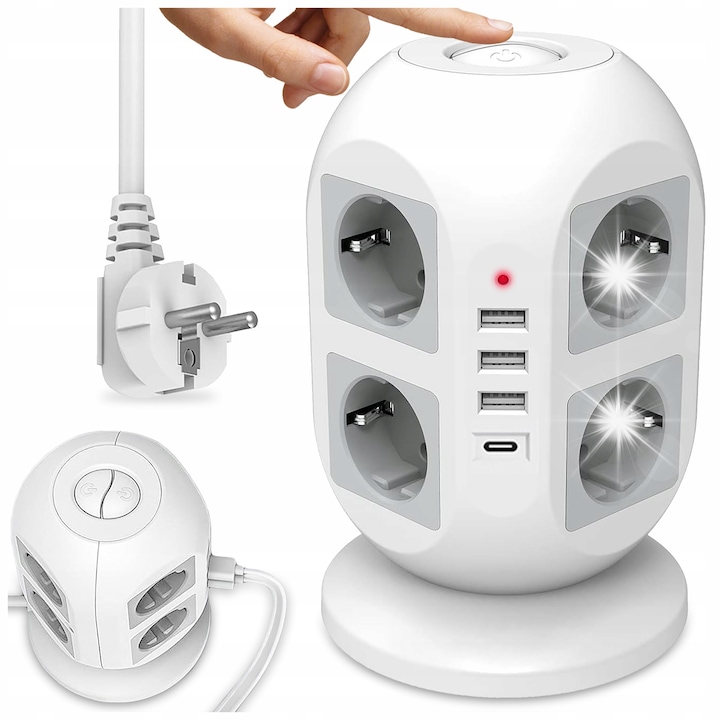 Вертикален разклонител Pixel с 8 контакта + 4 USB, 1,8 м, компактен дизайн