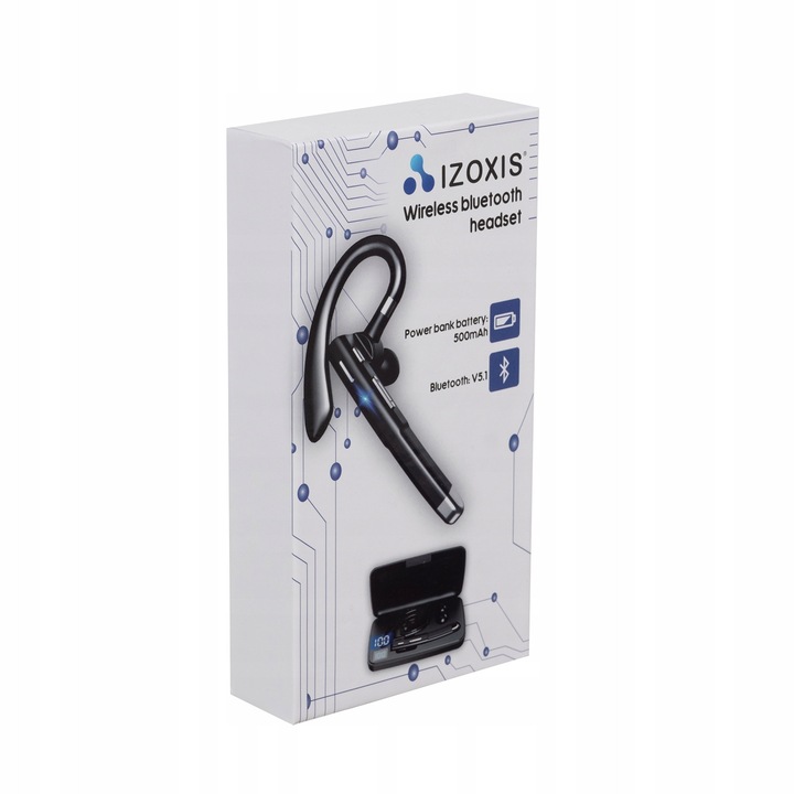 IZOXIS vezeték nélküli fülhallgató powerbank tokkal, 10m hatótáv, fekete, 9x4,5x1,5cm