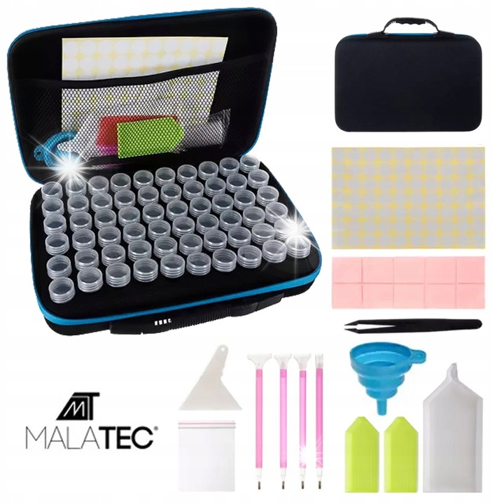 Set de accesorii pentru broderie cu diamante, Malatec, etui, 60 recipiente, 4 stilouri, negru, 32x22x9,5cm