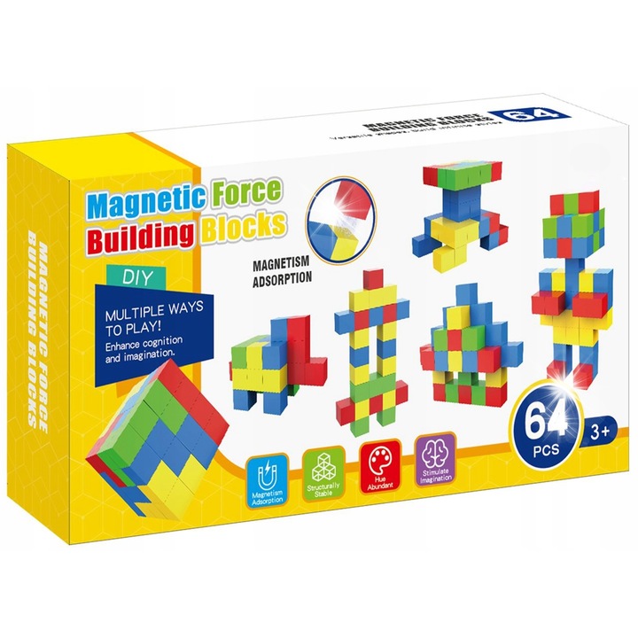 Комплект за изграждане на магнитни кубчета Doris, 64 елемента, кубчета, 2,5x2,5 см, многоцветни