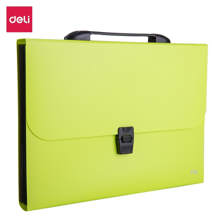 Папка Deli A4, 7 отделения, зелена, с дръжка, затваряне с натискане