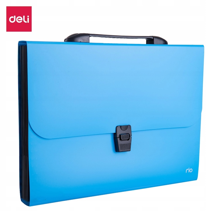 Папка Deli А4, 7 отделения, неоново синьо, PVC, с дръжка
