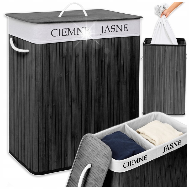 Cos de rufe din bambus, Mensen, 100L, doua compartimente, negru
