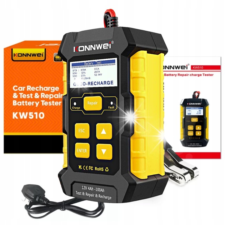 Тестер за акумулатор 12V Konnwei KW510, 3 в 1, зареждане 5A, 15.5x10x6cm, пълен комплект