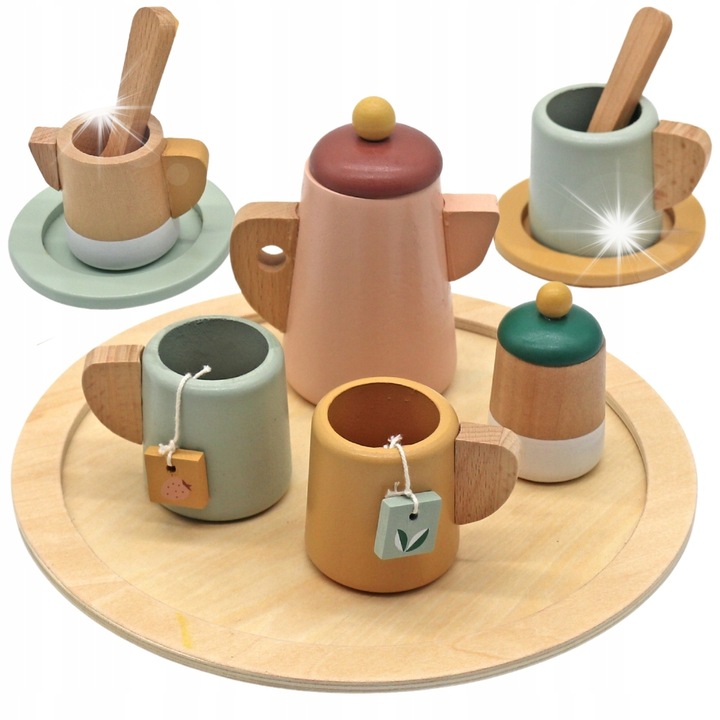 Set de Servire Ceai si Cafea din Lemn pentru Copii, MINEXO, 2 Cesti, 2 Farfurii, Multicolor, 26x27cm