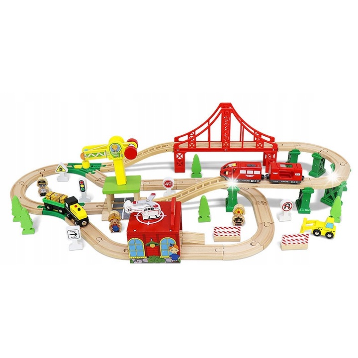 Set trenulete de jucarie, MINEXO, oras din lemn, 80 elemente, sunete realiste, multicolor